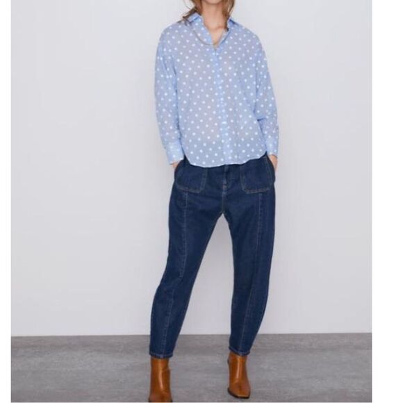 Zara Gauze Embroidered Polka Dot Button Up Shirt Blue White Large - Picture 12 of 12
